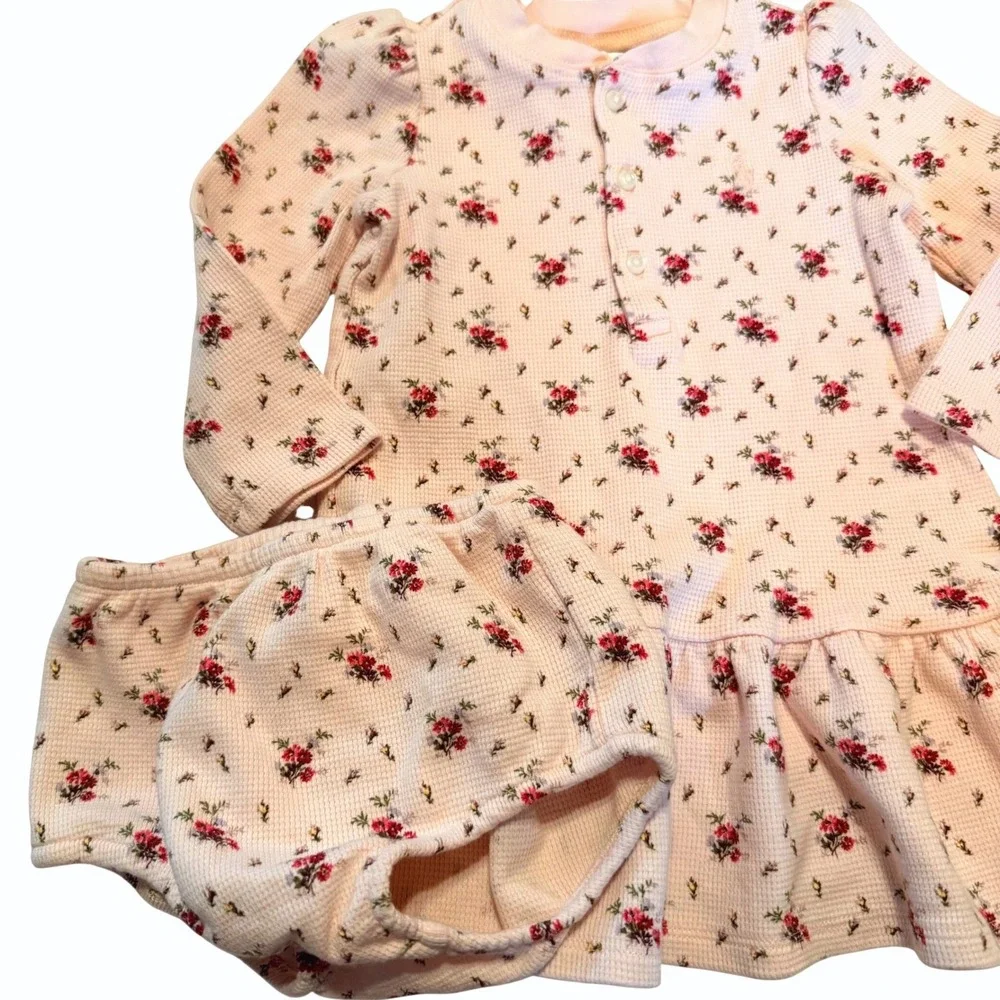 Ralph Lauren Baby Girls Pink Floral Waffle Knit Henley Dress &‎ Bloomers Set 12M